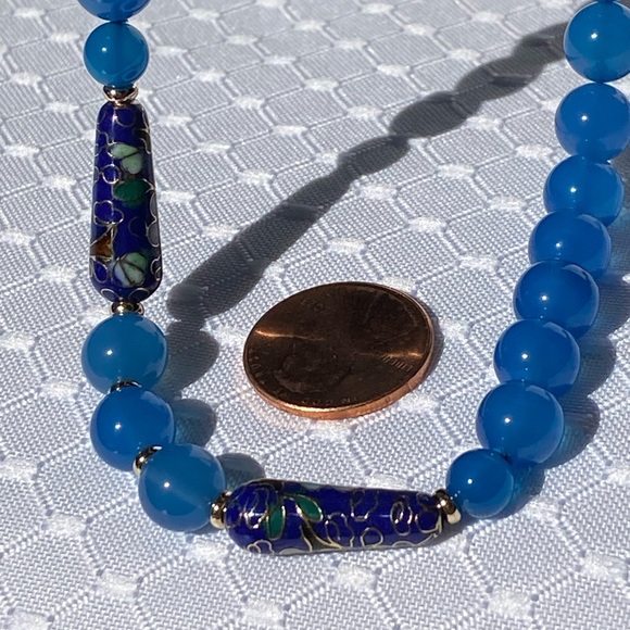 14k Gold Blue Cloisonné & Jadeite Jade Bead Necklace 24" - Picture 6 of 15
